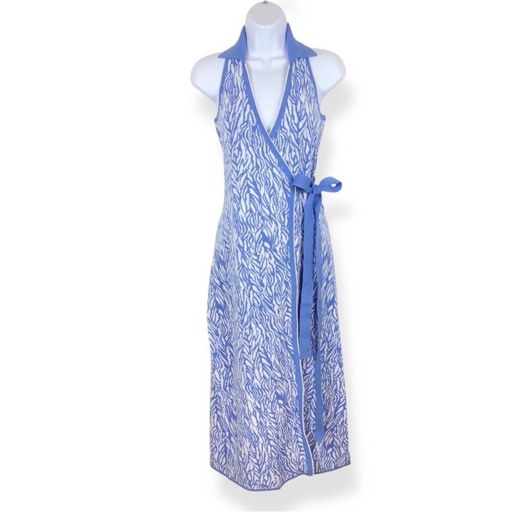 DVF X TARGET Sleeveless Sea Twig Blue Midi Wrap Sweater Dress XXS
